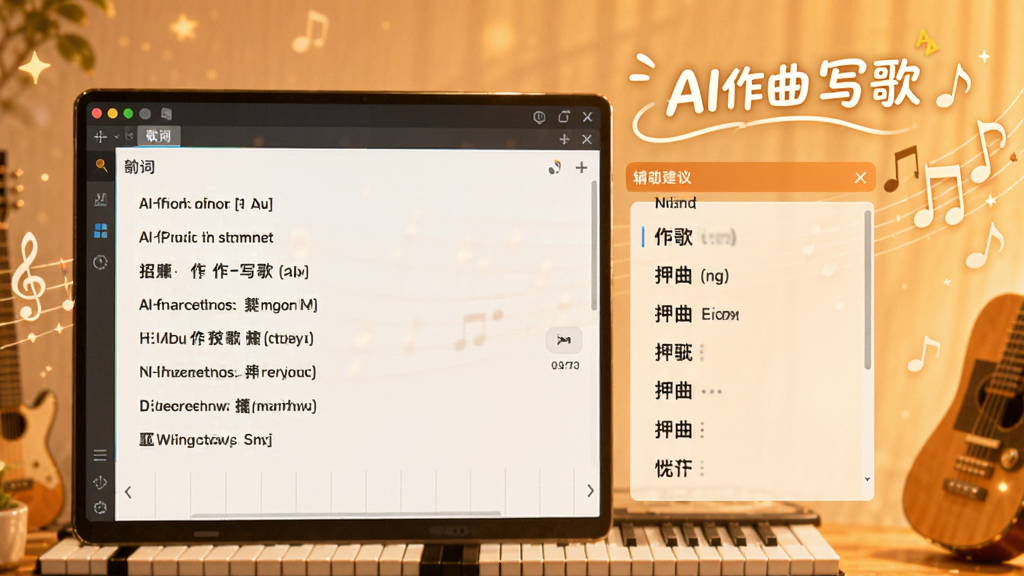 展示AI作曲写歌歌词辅助创作界面,屏幕左侧为歌词编辑区,右侧显示押韵建议列表,背景为暖色调,带有音符和歌词文字“AI作曲写歌”,整体风格温馨有创意,画质干净清晰