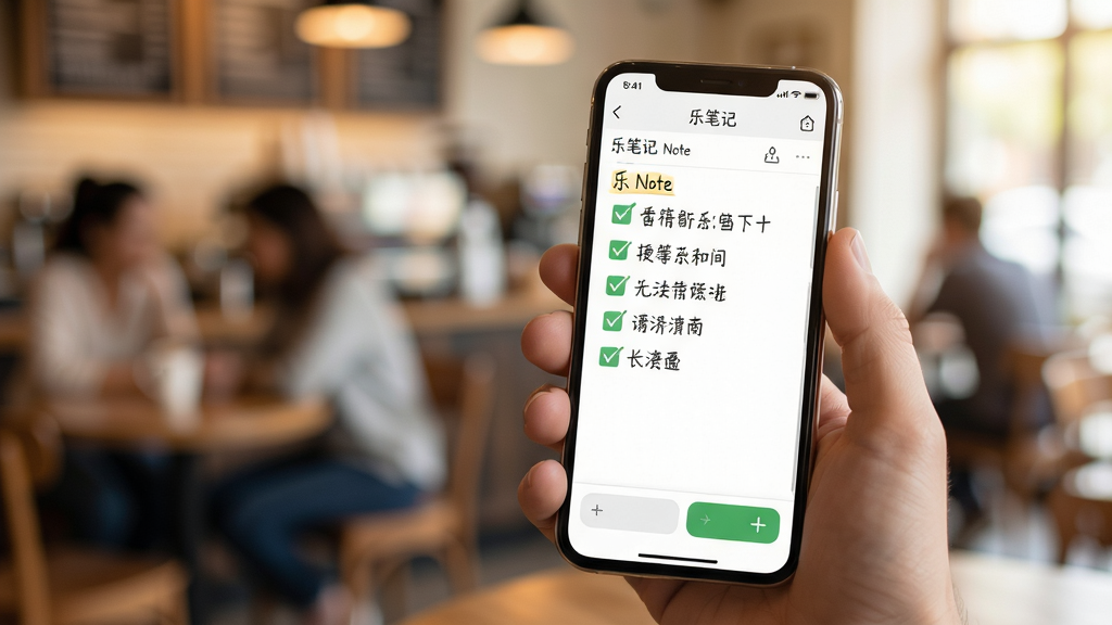 主体:乐笔记软件在智能手机上使用的场景,展示移动端的便捷性。布局:一只手持着手机,屏幕显示乐笔记的编辑页面,背景是虚化了的咖啡馆环境。排版:手机位于画面中心偏右,屏幕内容清晰可见,展示了一条带有勾选清单的笔记。风格:生活化风格,浅景深效果,突出手机屏幕内容,色调温暖明亮。细节:手机屏幕上乐笔记的界面元素清晰,勾选清单项目前有绿色对勾,界面底部有+号按钮。画质:高清,画质干净,无多余元素。