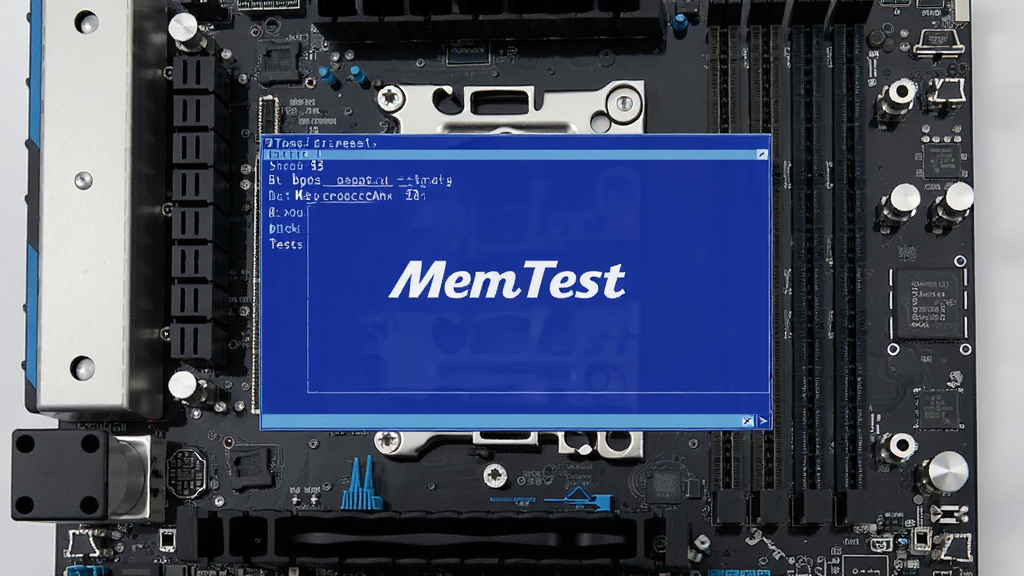 一张MemTest启动盘在BIOS环境下运行的预览图,屏幕显示蓝色测试界面,背景是主板硬件,风格专业,布局居中,排版清晰,细节丰富,画质干净,无多余元素