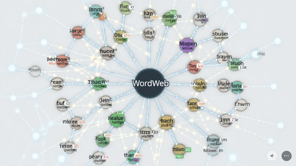 WordWeb同义词联想界面截图,主体为单词网络图,中心词连接多个同义词节点,布局呈放射状,排版疏密有致,风格科技感,细节包含不同颜色节点区分词性,画质高清干净