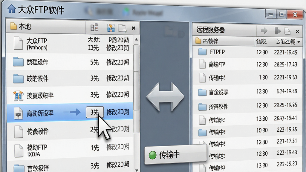 主体:“大众FTP软件”的双栏操作界面特写。布局:左侧本地文件列表,右侧远程服务器文件列表,中间区域用箭头图标展示双向传输方向。排版:界面干净整洁,文件名、大小、修改日期等参数在列表中对齐展示。风格:写实风格结合轻微3D效果,突出界面元素的立体感。细节:鼠标指针正拖拽一个高亮文件,下方浮现“传输中”状态提示框。画质:精细,干净,无多余元素。