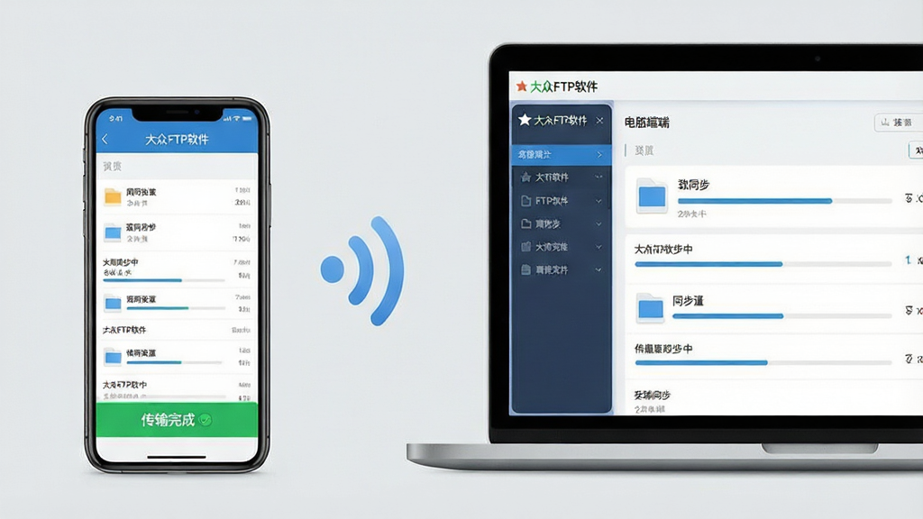 主体:智能手机与笔记本电脑并排摆放,屏幕中同时展示“大众FTP软件”的移动端界面和电脑端界面。布局:手机屏幕左侧,电脑屏幕右侧,两者之间通过无线信号图标连接。排版:界面元素以列表和进度条为主,显示文件正在同步中。风格:现代简约科技风,背景为浅灰色。细节:手机界面下方有“传输完成”的绿色提示横幅。画质:高清,干净,无多余元素。