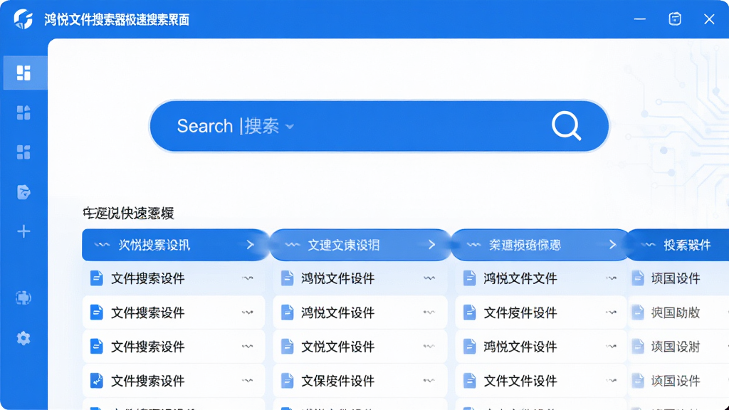 主体:鸿悦文件搜索器极速搜索界面,布局:中央大搜索框,下方快速滚动的文件列表,排版:简洁直观,风格:科技蓝与白色搭配,细节:文件列表项快速滚动,搜索框有放大镜图标,画质:高清,干净,无多余元素