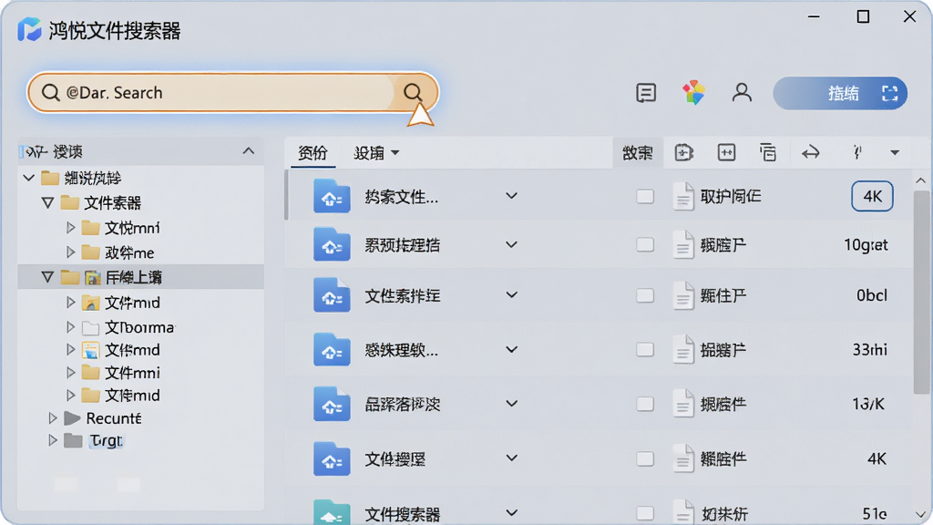 主体:鸿悦文件搜索器软件主界面,展示搜索框与结果列表,布局:左侧为文件夹树,右侧为文件列表,排版:清晰简洁,风格:现代科技感,细节:搜索框高亮显示,列表项有文件图标,画质:4K高清,干净,无多余元素