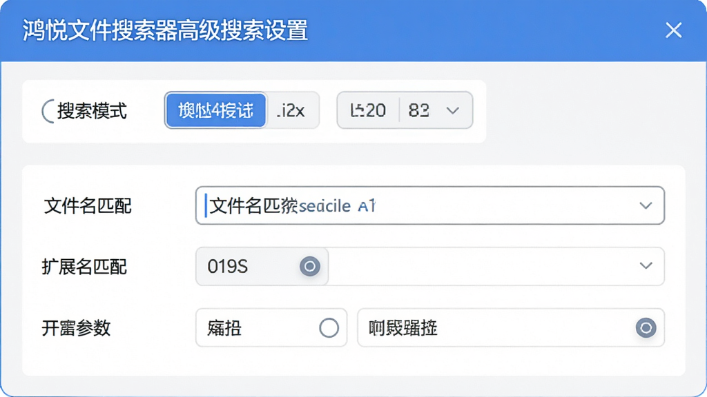 主体:鸿悦文件搜索器高级搜索设置面板,布局:面板上方有搜索模式选项,下方为详细参数设置,排版:层次分明,风格:扁平化设计,细节:显示“文件名匹配”、“扩展名匹配”等选项,画质:高清,干净,无多余元素