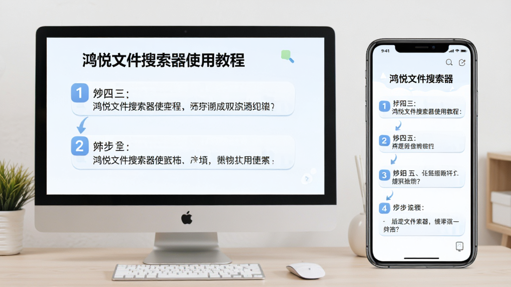 主体:鸿悦文件搜索器使用教程截图,布局:电脑与手机并排展示,排版:分步演示,风格:清新教学风,细节:步骤标有序号,画质:高清,干净,无多余元素