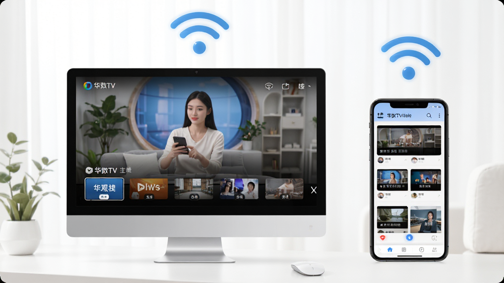 华数TV使用教程示意图,展示用户在电脑和手机上同时使用华数TV的场景,电脑屏幕显示直播画面,手机展示点播界面,周围有网络WiFi图标,整体风格明亮,构图清晰,画质高清,干净无多余元素