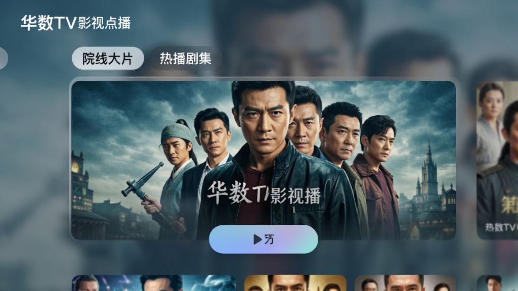 华数TV影视点播界面,展示一部热门电影的海报和播放按钮,背景为细腻的毛玻璃效果,界面显示清晰分类标签,如“院线大片”、“热播剧集”,整体风格时尚,色彩丰富,画质高清,干净无多余元素