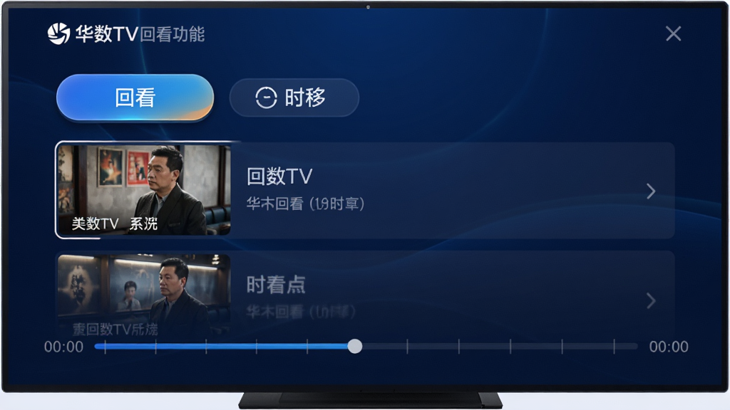 华数TV回看功能界面,展示一个节目列表,带有“回看”和“时移”按钮,时间轴进度条清晰可见,背景为深蓝色调,界面现代,操作按钮醒目,画质高清,无多余元素
