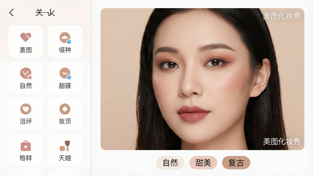 主体:美图化妆秀应用界面,展示AI智能试妆功能。布局:界面左侧为功能选择栏,右侧为一位东方女性的半身预览图,她的面部已应用了大地色系眼影与豆沙色口红。排版:功能栏图标排列整齐,预览图下方有“自然”、“甜美”、“复古”等妆容风格标签。风格:界面设计简洁现代,色彩柔和。细节:预览图角落有“美图化妆秀”的水印标识,妆容边缘与皮肤融合自然,无生硬感。画质:清晰,干净,无多余元素。
