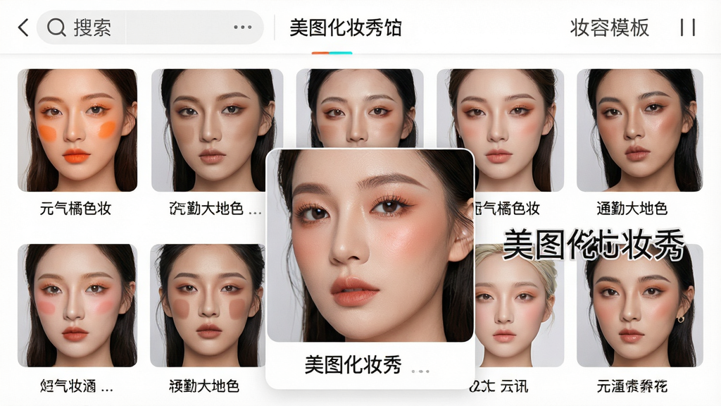 主体:美图化妆秀应用内的“妆容模板”页面。布局:页面以九宫格形式展示不同风格的妆容模板缩略图,每个缩略图下方标注妆容名称,如“元气橘色妆”、“通勤大地色”。排版:顶部为搜索与分类筛选标签,缩略图大小统一,排列整齐。风格:整体界面清新,色调明快。细节:其中一个缩略图被放大展示,模特面部妆容精致,旁边有“美图化妆秀”字样。画质:高清,干净,无多余元素。