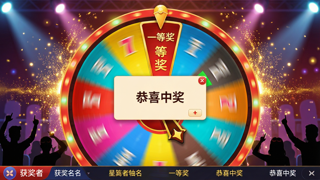 动态展示星韵转盘抽奖软件抽奖瞬间,转盘高速旋转带有运动模糊效果,周围有金色粒子光效,指针停在“一等奖”区域,屏幕中央弹出“恭喜中奖”弹窗,底部有获奖者名单滚动,整体色调明亮喜庆,风格夸张富有动感,细节包括转盘上的彩色灯光和观众剪影,画质高清,干净无多余元素