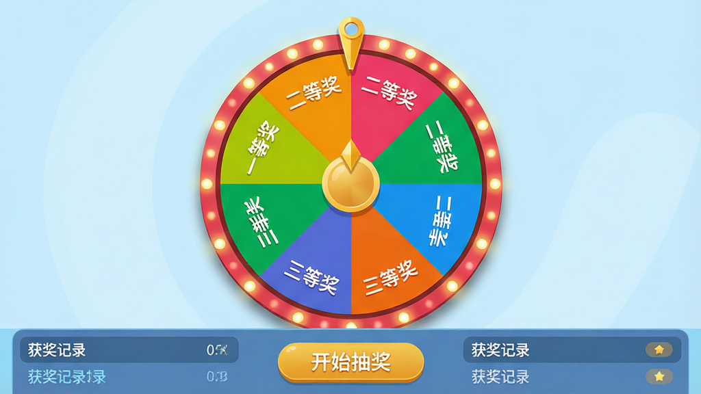 主体为星韵转盘抽奖软件主界面,画面中央是一个色彩鲜艳的圆形转盘,转盘被分为八个彩色扇区,每个扇区标有“一等奖”“二等奖”“三等奖”等字样,转盘上方有金色指针,界面底部有“开始抽奖”按钮和获奖记录列表,整体布局简洁明快,排版居中,风格扁平化,细节包括转盘边缘的灯光装饰和柔和阴影,画质高清,干净无多余元素