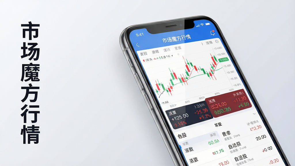 主体:一部亮屏的智能手机,屏幕显示“市场魔方行情”APP主界面,界面上有红绿K线图、涨跌数据面板和自选股列表。布局:手机位于画面中央偏右,左侧留白,整体呈三分构图。排版:手机屏幕内容清晰可辨,界面元素排列整齐,左侧有“市场魔方行情”竖排文字标题。风格:现代科技感,扁平化设计,色彩明快,蓝白主色调搭配红绿数据点缀。细节:屏幕玻璃反光处理细腻,手机边缘有金属质感,背景为浅灰色渐变,突出屏幕内容。画质:8K超高清晰度,画面干净,无多余元素。