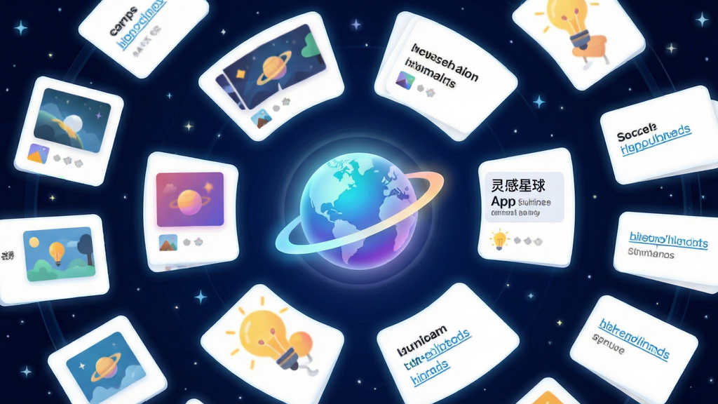 主体:灵感星球App界面展示,中央有一个发光的星球图标,周围环绕着各种灵感卡片(图片、文字、链接)。布局:卡片以星球为中心呈环形排列,背景为深蓝色星空,点缀星星。排版:界面简洁,卡片大小统一,文字清晰。风格:现代科技感,扁平化设计,色彩明亮。细节:星球表面有光晕,卡片边缘有微光,整体干净无多余元素。画质:高清,干净,无多余元素。