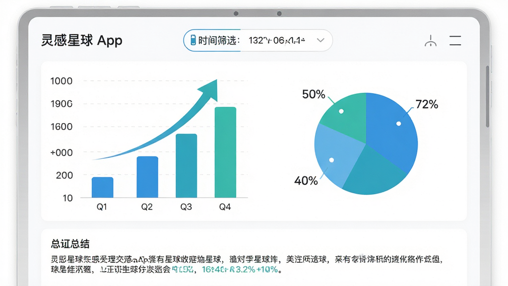 主体:灵感星球App的统计界面,展示柱状图与饼图。布局:上方为时间筛选器,中部为图表区域,下方为总结文字。排版:图表清晰,坐标轴标注明确,配色协调。风格:商务简洁,白色背景,蓝绿色调。细节:柱状图有动画增长效果,饼图有百分比标注,整体干净。画质:高清,干净,无多余元素。