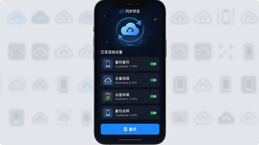 主体:灵感星球App的同步设置界面,显示云端备份状态与设备列表。布局:顶部为同步状态图标,中部为已连接设备列表,底部为备份按钮。排版:信息层级分明,图标简洁,文字说明清楚。风格:科技感,深色背景,蓝色高亮。细节:云端图标有旋转动画,设备图标带电量显示,整体干净。画质:高清,干净,无多余元素。