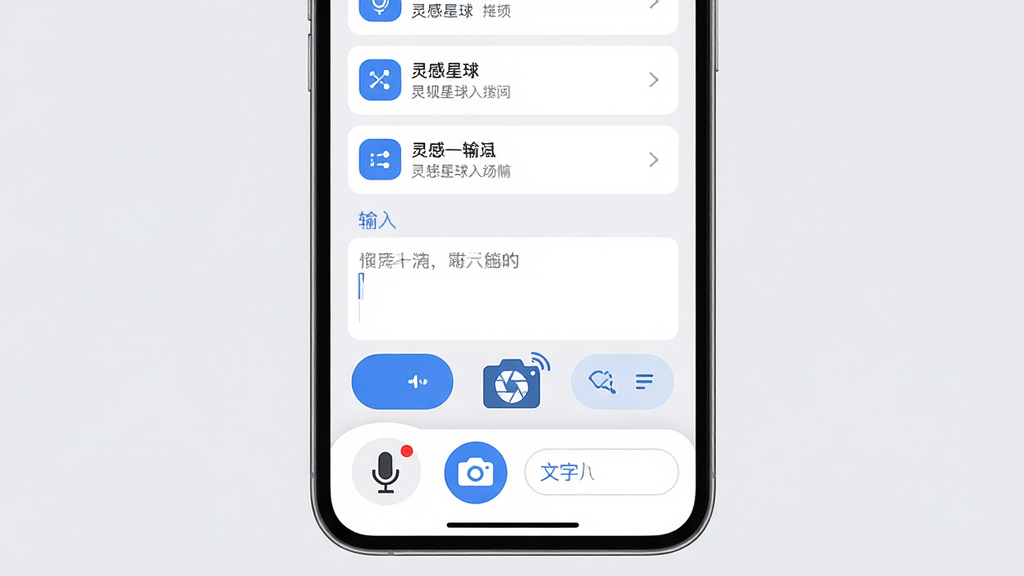 主体:灵感星球App的速记界面,底部有麦克风、相机、文字输入框。布局:界面从上到下依次为灵感列表、输入区域、功能按钮,背景为浅灰色。排版:输入框居中,按钮圆润,文字提示清晰。风格:简洁实用,白色与蓝色主色调。细节:麦克风图标带有红色圆点表示录音中,相机图标有快门动画,整体干净。画质:高清,干净,无多余元素。