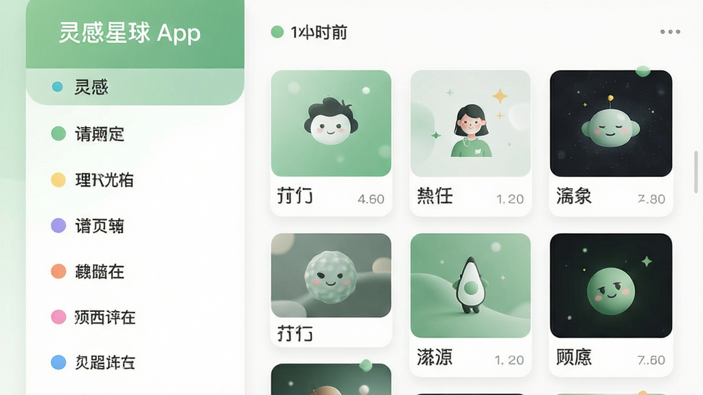 主体:灵感星球App的分类整理界面,左侧为标签列表,右侧为灵感卡片墙。布局:左右分栏,标签垂直排列,卡片墙以网格显示。排版:标签字体清晰,卡片缩略图整齐,色彩柔和。风格:清爽简洁,绿色与白色搭配。细节:标签有不同颜色圆点标识,卡片上有时间显示,整体干净。画质:高清,干净,无多余元素。