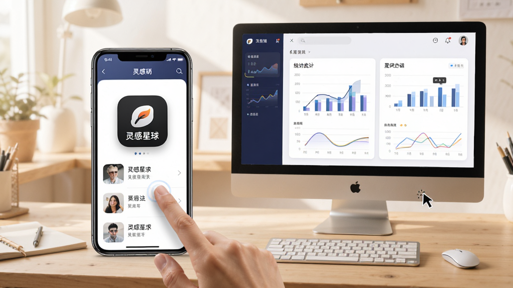 主体:手机与电脑并排展示灵感星球App界面,手机在左,电脑在右。布局:手机屏幕显示灵感列表,电脑屏幕显示统计图表,背景为浅色工作台。排版:设备比例协调,屏幕内容清晰。风格:生活化场景,自然光,暖色调。细节:手机有手指点击动作,电脑有鼠标光标,整体干净。画质:高清,干净,无多余元素。
