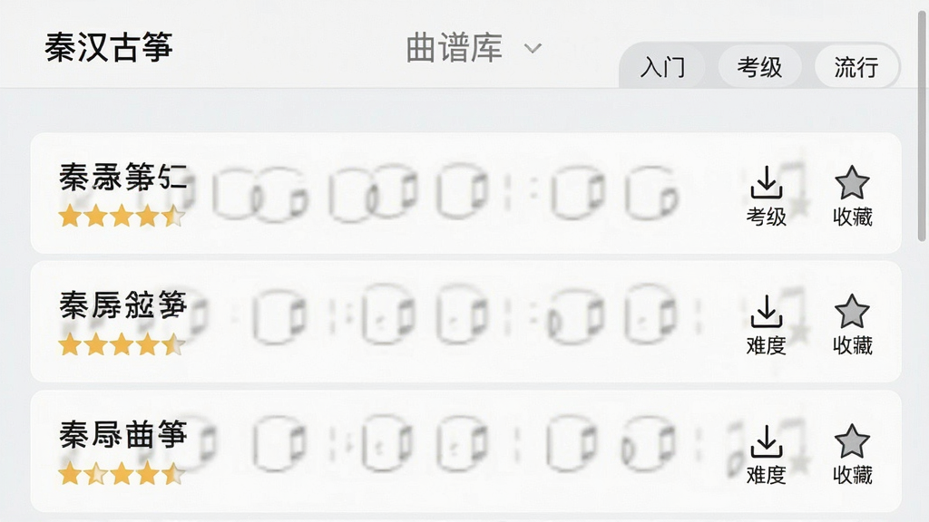 一张“秦汉古筝”APP曲谱库的界面截图,主体为曲谱列表页面,布局以纵向列表形式排列,每条曲谱左侧显示曲名和难度星级,右侧有下载和收藏图标,背景为浅灰色,排版整齐,风格清爽简约,细节处有分类筛选标签如“入门”、“考级”、“流行”,画质清晰,无多余元素
