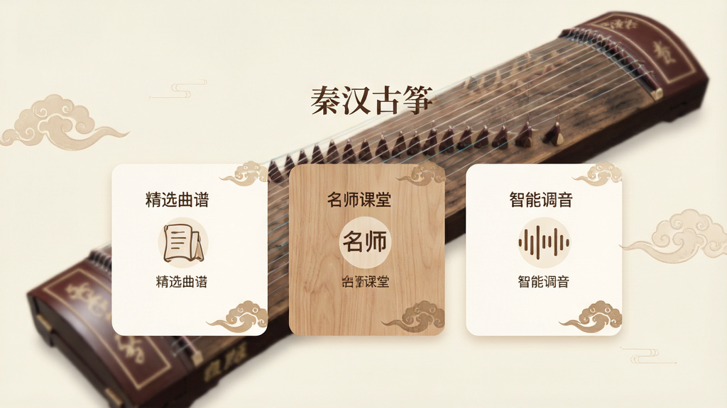 一幅精美的手机应用界面预览图,主体是“秦汉古筝”APP的首页,布局清晰展示“精选曲谱”、“名师课堂”、“智能调音”三大功能模块,界面以淡雅的米白色和原木色为主色调,搭配水墨风格的古筝图案背景,排版采用卡片式设计,风格简洁现代,细节之处点缀有祥云纹理,画质高清,干净无多余元素,图片上显示“秦汉古筝”字样