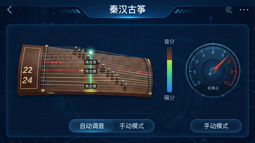 一张“秦汉古筝”APP智能调音功能的界面预览,主体为调音器页面,中央显示古筝21根弦的示意图,当前选中弦高亮显示,旁边有音分偏差指示条和指针表盘,背景为深蓝色科技感风格,布局简洁,排版直观,风格专业,细节处有“自动调音”、“手动模式”按钮,画质高清,无多余元素