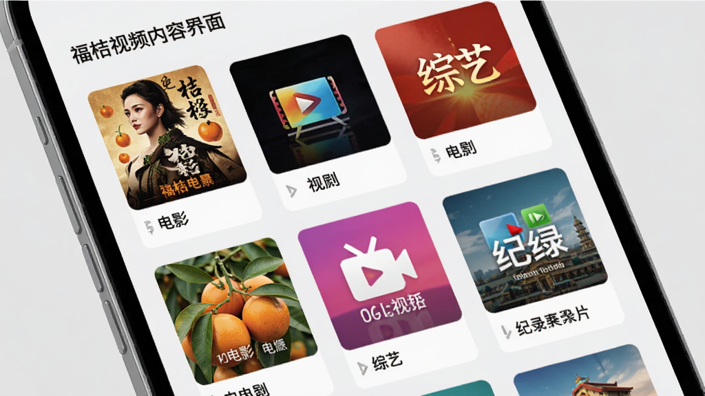 福桔视频内容分类界面,手机屏幕上展示电影、电视剧、综艺、纪录片等图标卡片,每张卡片有代表性的封面图,背景为浅灰色,布局整齐,扁平化设计,高清画质,干净无多余元素