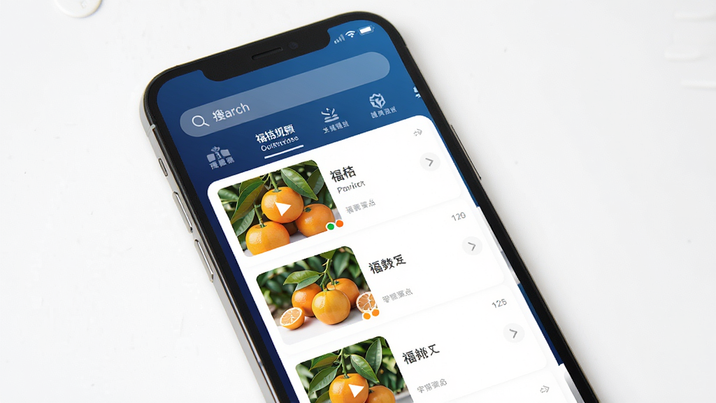 福桔视频主界面展示,手机屏幕中呈现简洁的视频列表布局,顶部有搜索栏和分类标签,背景为深蓝色渐变,界面清晰明亮,现代扁平化设计风格,高清画质,干净无多余元素