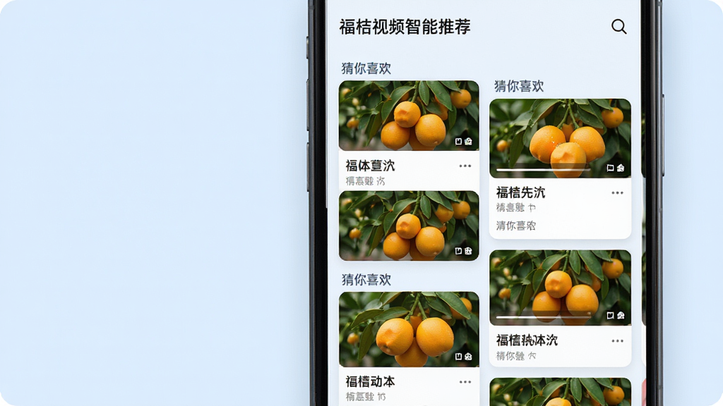 福桔视频智能推荐页面,手机屏幕呈现瀑布流式视频卡片,每张卡片显示缩略图和标题,带有“猜你喜欢”字样,背景为浅蓝色,现代简约风格,高清画质,干净无多余元素