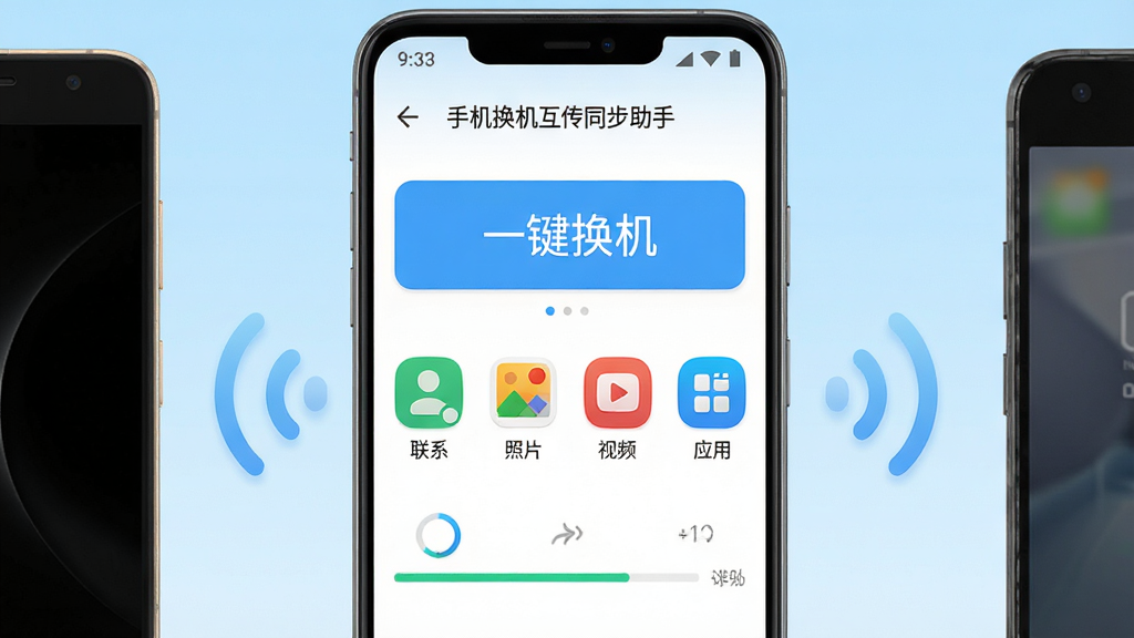 主体:一部安卓手机屏幕显示“手机换机互传同步助手”主界面,界面顶部有“一键换机”大按钮,下方排列联系人、照片、视频、应用图标。布局:居中构图,手机屏幕占据画面中央,背景为浅蓝色渐变。排版:界面文字清晰,按钮醒目。风格:扁平化设计,色彩明亮清新。细节:手机侧面有新旧两台设备通过无线信号连接示意,屏幕中显示传输进度条。画质:高清渲染,干净无多余元素。