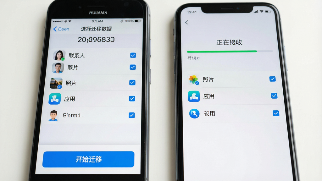 主体:两台手机并排摆放,左侧旧手机屏幕显示“选择迁移数据”页面,右侧新手机屏幕显示“正在接收”进度条。布局:左右对称构图,背景为白色桌面。排版:界面文字清晰,按钮醒目。风格:写实风格,光线柔和。细节:屏幕中列出联系人、照片、应用等带勾选框的列表,下方有“开始迁移”按钮。画质:高清渲染,干净无多余元素。