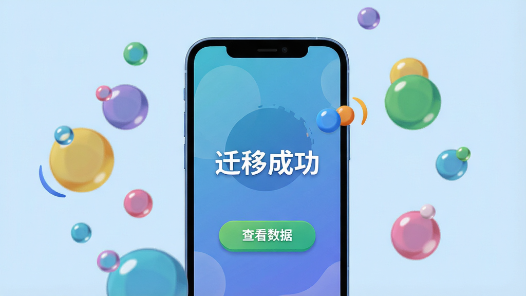 主体:一部手机显示“传输完成”界面,背景为彩色气泡。布局:主体居中,背景为淡蓝色。排版:文字简洁,动画效果。风格:动态插画风格,色彩活泼。细节:屏幕中显示“迁移成功”字样,并有“查看数据”按钮。画质:高清渲染,干净无多余元素。