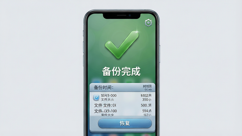主体:手机屏幕显示“备份完成”界面,背景为绿色对勾图标,下方显示备份文件列表。布局:居中构图,手机屏幕置于中央,背景为淡灰色。排版:文字简洁,图标醒目。风格:拟物化设计,色彩偏冷。细节:屏幕中列出备份时间、文件大小,并有“恢复”按钮。画质:高清渲染,干净无多余元素。
