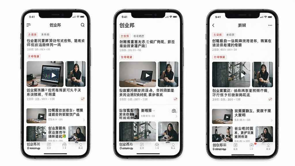 一张展示创业邦APP界面全貌的高清产品预览图,主体为手机屏幕中的信息流列表,布局清晰,排版专业,风格现代简约,细节包括新闻标题、配图缩略图和栏目分类标签,画质细腻,干净,无多余元素