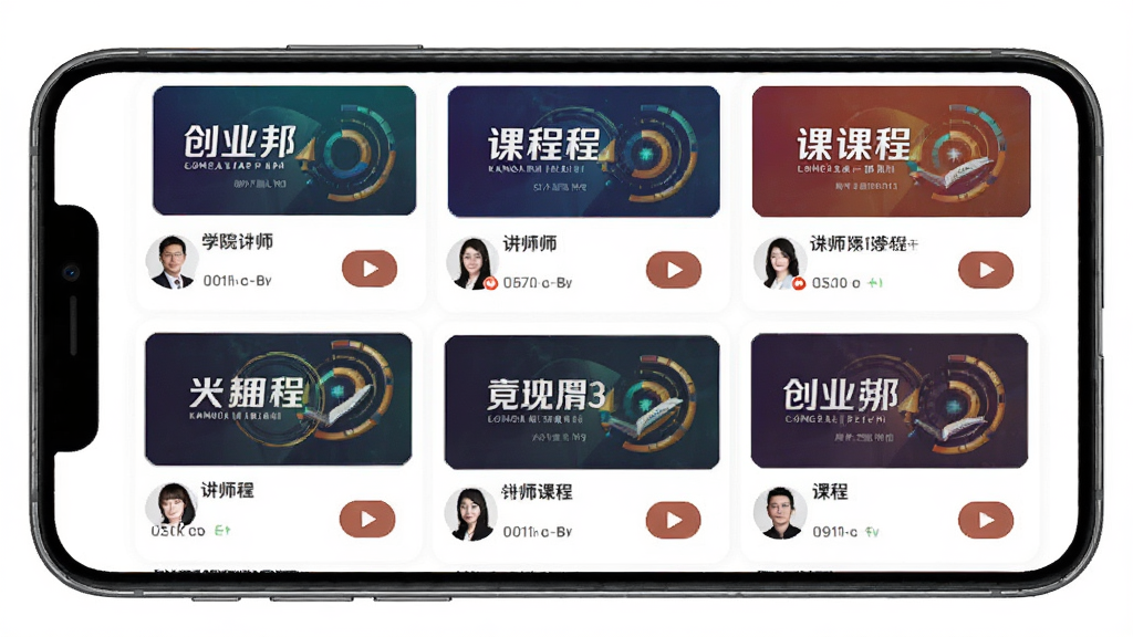创业邦APP的学院课程列表界面,主体为手机屏幕展示精品课程封面,布局为整齐的卡片式排列,风格时尚且富有知识感,细节包括课程标题、讲师头像和播放按钮,画质高清,色彩饱满,无多余元素