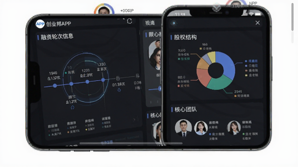 创业邦APP的数据查询功能截图,主体为手机屏幕展示某公司的详细信息图谱,布局为图表与文字结合,风格极简科技感,细节包括融资轮次时间轴、股权结构图和核心团队介绍,画质精细,数据可视化清晰,无多余元素