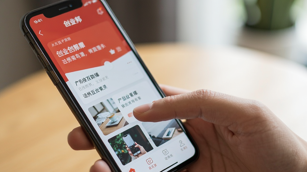 展示用户在手机上操作创业邦APP的场景图,主体为一只手拿着手机点击屏幕,布局为特写镜头,风格生活化,细节包括屏幕显示APP内容与手指点击动作,画质清晰,背景虚化,干净,无多余元素
