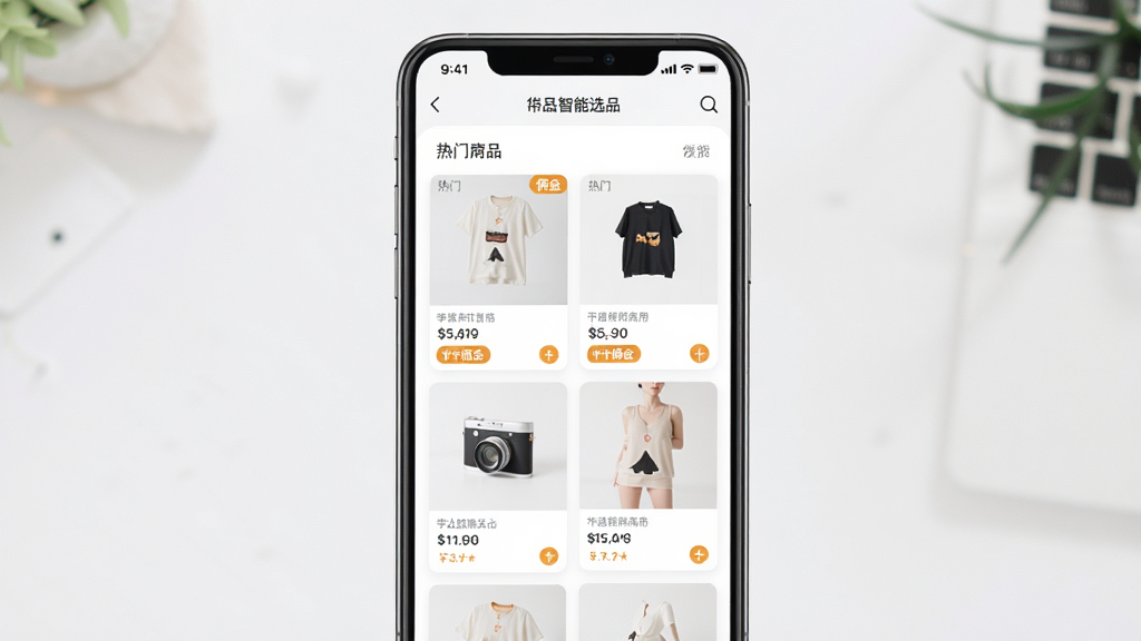 带货神器智能选品界面,主体为手机端商品列表,展示热门商品卡片,布局瀑布流,排版整洁,风格清新,细节包含价格与佣金标签,画质高清干净