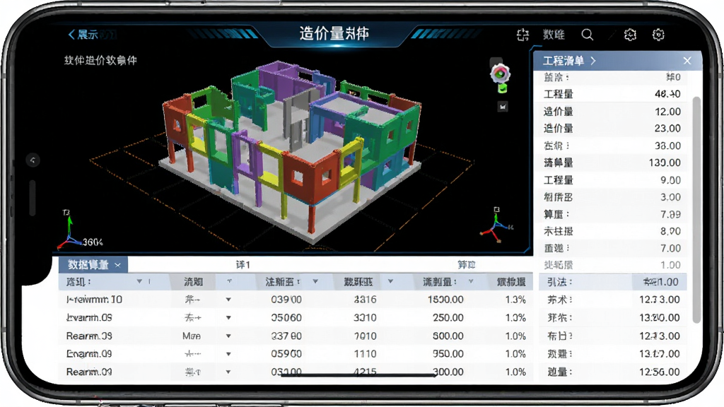 主体为造价软件在手机上的算量界面,显示三维模型与工程量清单,布局为上下结构,上方为模型展示区,下方为数据列表,排版清晰,风格科技感,细节包括模型颜色区分构件、清单数据滚动显示,画质高清干净,无多余元素