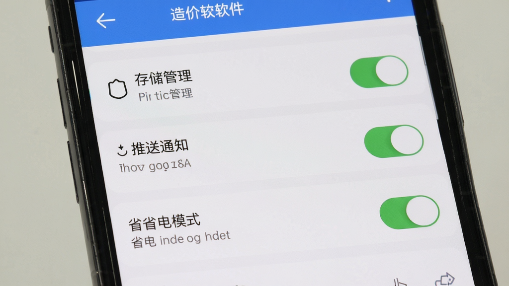 主体为手机截图展示造价软件的设置页面,显示存储管理、推送通知、省电模式等选项,布局为纵向列表,排版简洁,风格清爽,细节包括开关按钮状态可见,画质高清干净