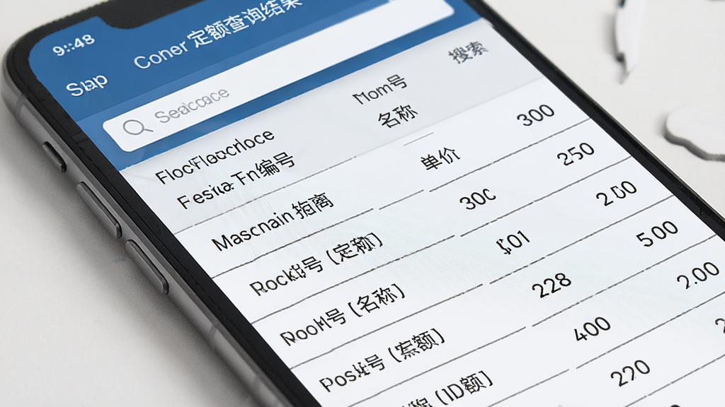 主体为手机屏幕展示造价软件中的定额查询结果,显示定额编号、名称、单位、单价等信息,布局为列表形式,排版整齐,风格简洁商务,细节包括搜索框高亮、数据行分隔线清晰,画质高清干净,无多余元素