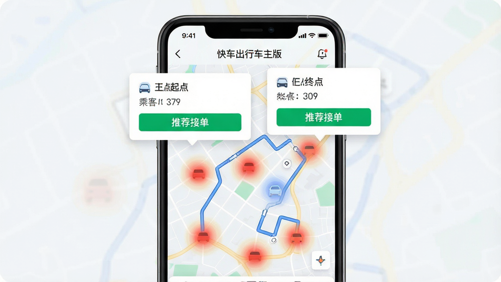 主体:智能手机屏幕展示“快车出行车主版”的智能派单界面,地图上显示多个乘客热点区域,系统自动匹配最佳订单。布局:手机居中,地图背景为浅色,订单卡片浮于地图上方。排版:订单卡片显示乘客起点、终点、预估收入,用绿色高亮突出“推荐接单”按钮。风格:扁平化UI设计,色彩清新。细节:地图上有蓝色路线与红色热力图,卡片文字清晰。画质:干净,无多余元素。