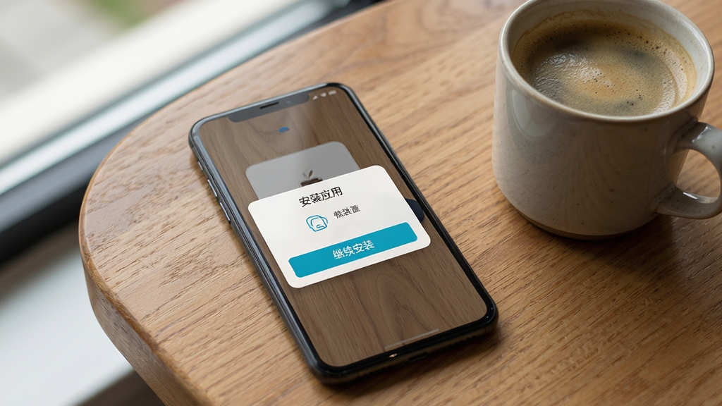 Recharge Hub应用在手机上的安装界面,手机屏幕显示“安装应用”弹窗,下方有“继续安装”按钮,手机背景为木纹桌面,旁边有一杯咖啡,画面写实,光线自然,构图清晰,画质高清,无多余元素