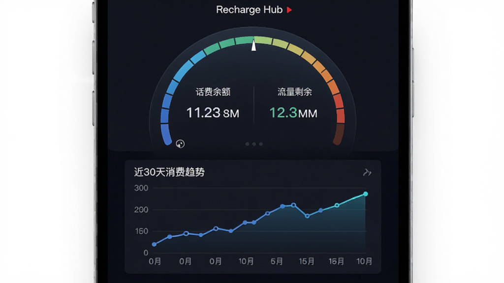 Recharge Hub的余额监控界面,屏幕中央显示一个圆形仪表盘,仪表盘内标有“话费余额”和“流量剩余”数据,下方为近30天消费趋势折线图,整体界面采用深色模式,数据可视化效果出色,画质高清,布局专业,无多余元素