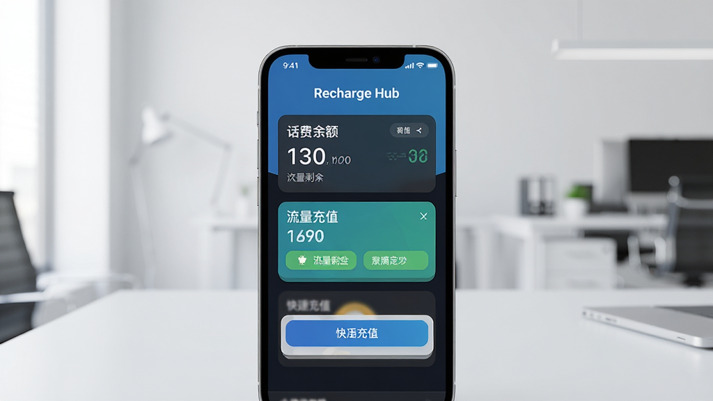 一张智能手机屏幕特写,屏幕中清晰显示“Recharge Hub”应用主界面,界面包含话费余额、流量剩余、快捷充值按钮等模块,手机放置在简约办公桌上,背景为浅色现代办公室环境,画面干净明亮,构图居中,风格写实,细节丰富,画质高清,无多余元素