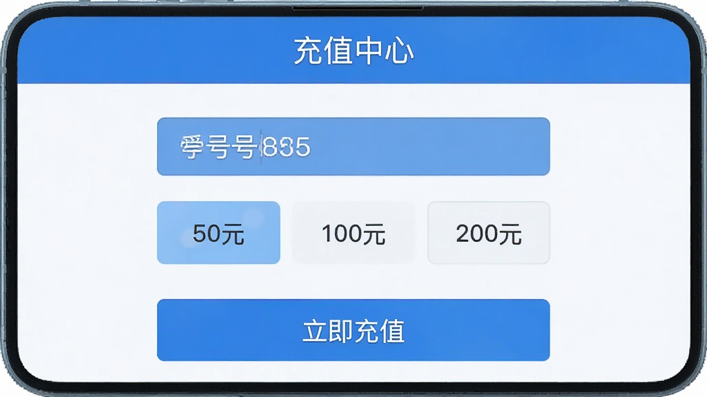 Recharge Hub应用内充值页面截图,页面顶部显示“充值中心”标题,中间为手机号码输入框和充值金额选项(50元、100元、200元),底部为“立即充值”按钮,页面以蓝色为主色调,布局简洁,UI设计现代,画质清晰,无多余元素