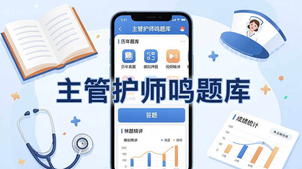 主体:主管护师鸣题库应用界面展示,手机屏幕上有“主管护师鸣题库”字样、题库列表、答题页面和成绩统计图表;布局:居中构图,手机作为视觉中心,周围环绕书本、听诊器、护士帽等护理元素;排版:文字清晰排布,主标题“主管护师鸣题库”醒目突出;风格:现代扁平化插画风,色彩以蓝白为主,搭配柔和暖色点缀;细节:界面中显示“历年真题”、“模拟押题”、“视频精讲”等模块图标,人物为护士形象,面带微笑;画质:高清,干净,无多余元素。