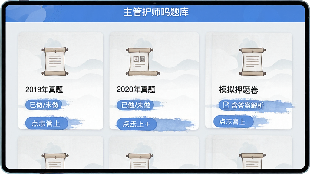 主体:主管护师鸣题库的历年真题试卷列表界面,显示“2019年真题”、“2020年真题”、“模拟押题卷”等试卷卡片,点击进入答题;布局:网格排列,试卷封面为简约卷轴图标;排版:标题下方有“已做/未做”状态标签;风格:清新简约风,浅灰背景,蓝色按钮;细节:屏幕上方有“主管护师鸣题库”横幅,试卷卡上标注“含答案解析”;画质:高清,干净,无多余元素。
