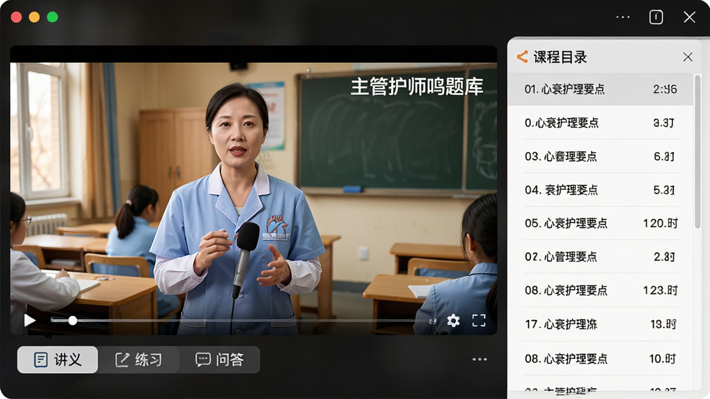 主体:主管护师鸣题库的视频课程播放界面,屏幕中播放护理教学视频,讲师正在讲解“心衰护理要点”,右侧有课程目录列表;布局:左右分屏,左侧为视频画面,右侧为可滚动的目录;排版:视频下方有“讲义”、“练习”、“问答”标签;风格:写实摄影与UI结合,暖色调教室环境;细节:视频画面上有“主管护师鸣题库”水印,目录中显示章节序号与时长;画质:高清,干净,无多余元素。